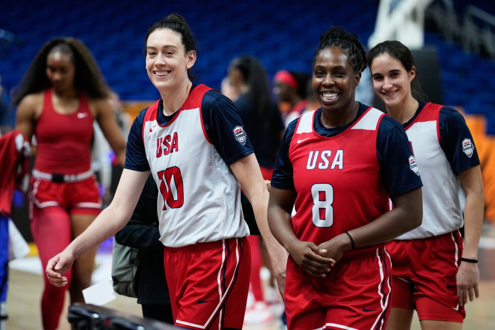 Breanna Stewart (10) and Chelsea Gray (8) of United States attend a training session ahead of the match between China and United States during the Women's Basketball World Cup in Berlin, Germany, Wednesday, Sept. 2, 2026. (AP Photo/Ebrahim Noroozi)