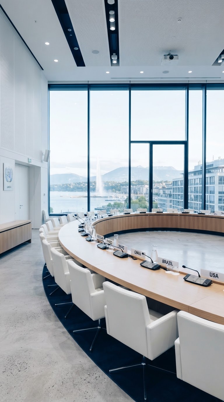 Curved international assembly interior with empty delegate seating