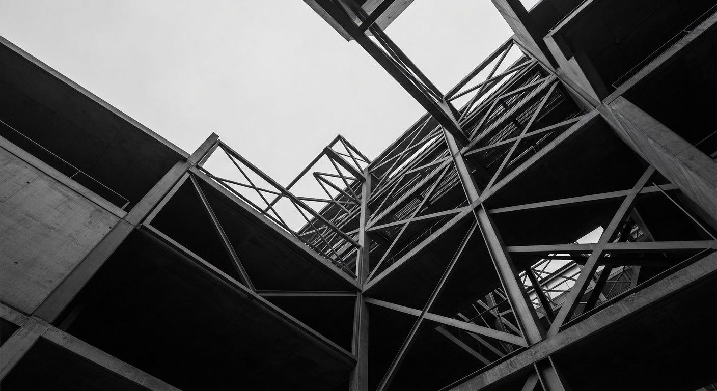 Angular institutional stair and structure photographed in black and white