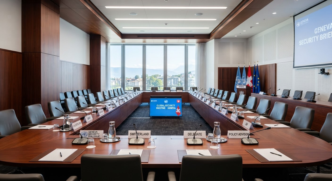 Conference room prepared for an international policy forum