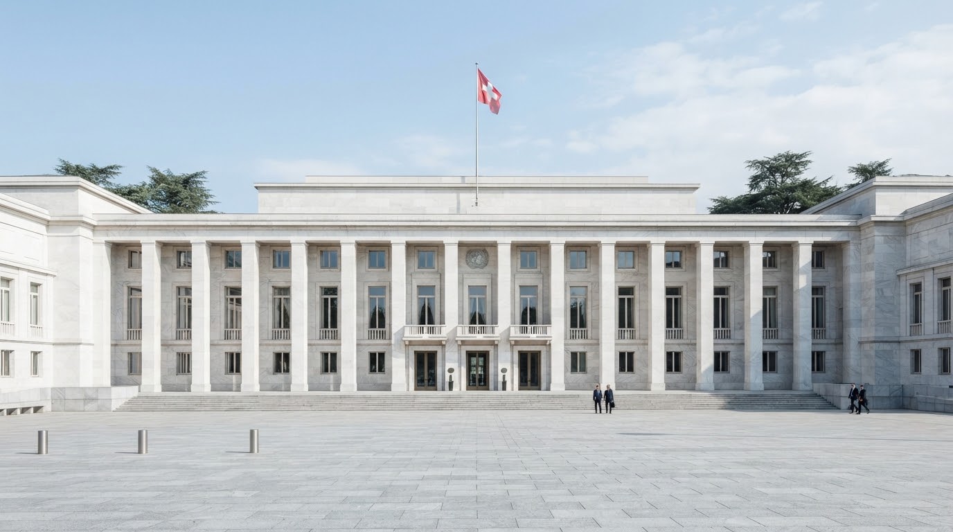Institutional building in Geneva viewed across an open civic forecourt