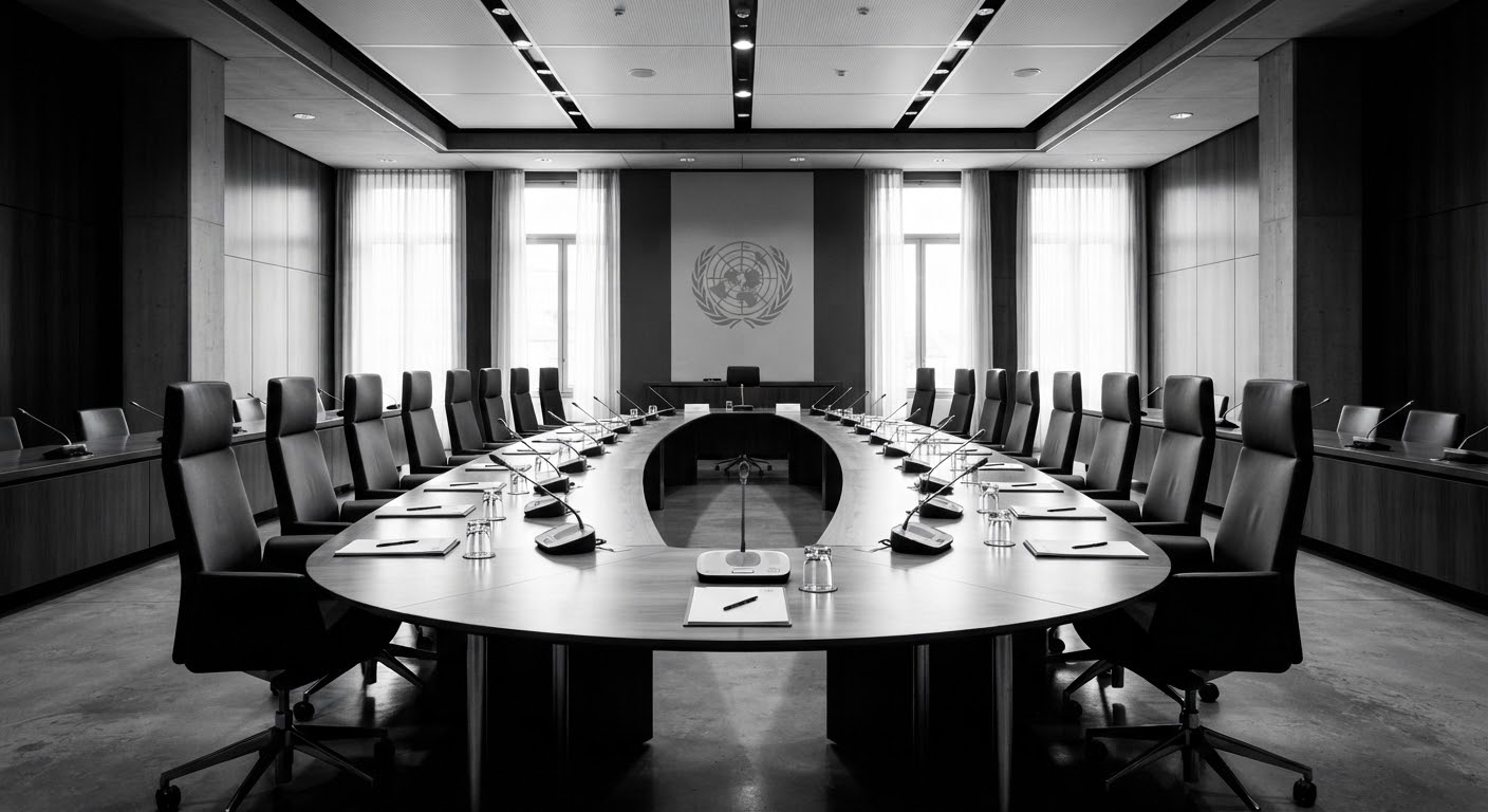 Circular diplomatic meeting room with microphones and delegate places