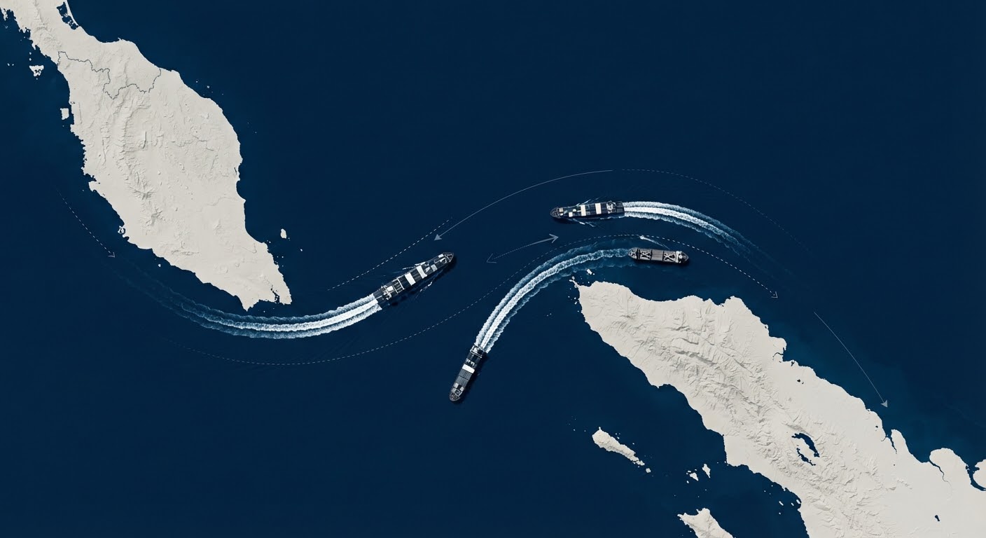Cargo vessels moving through a strategic maritime route