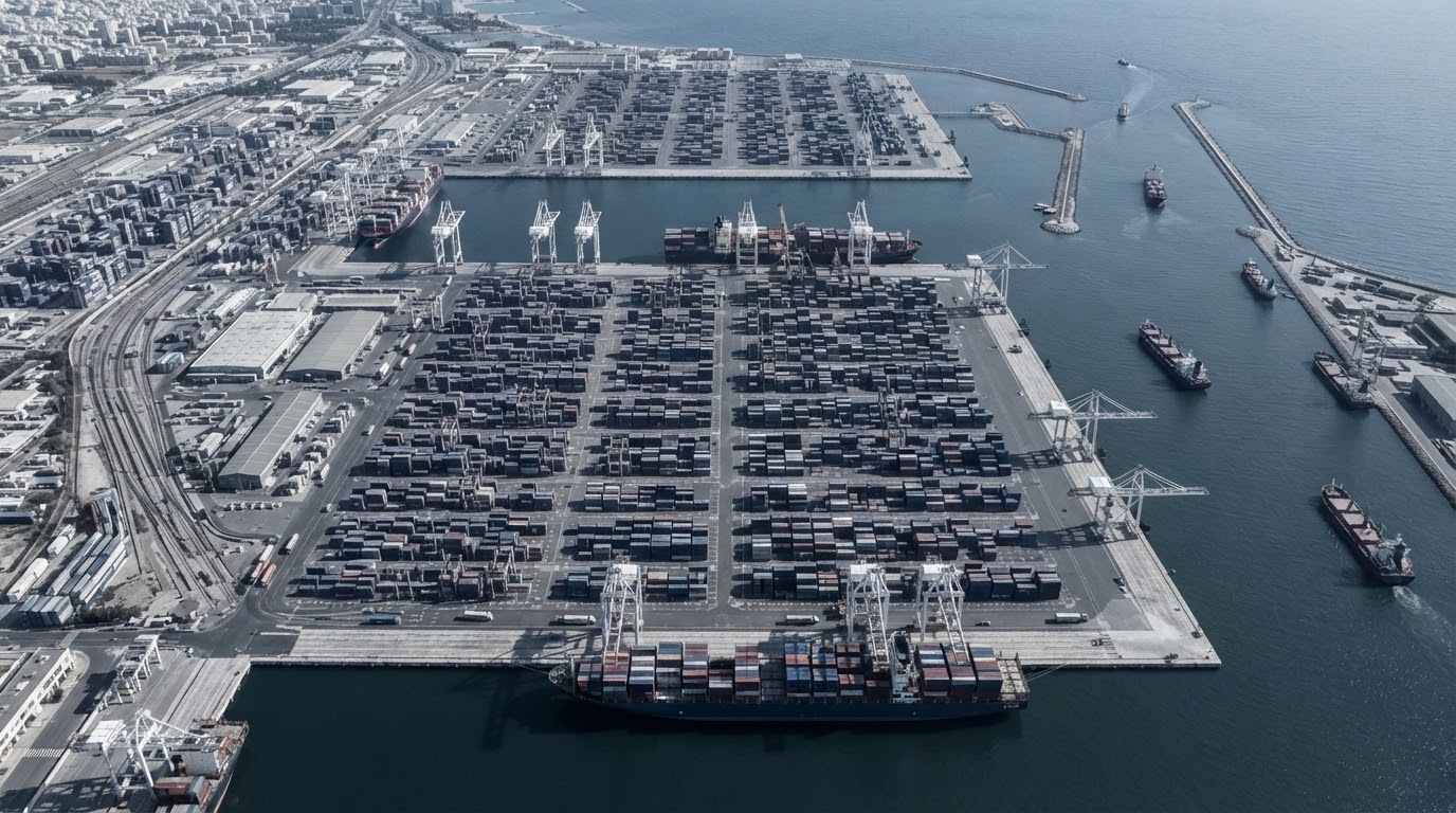 Aerial view of a maritime port and ordered logistics infrastructure
