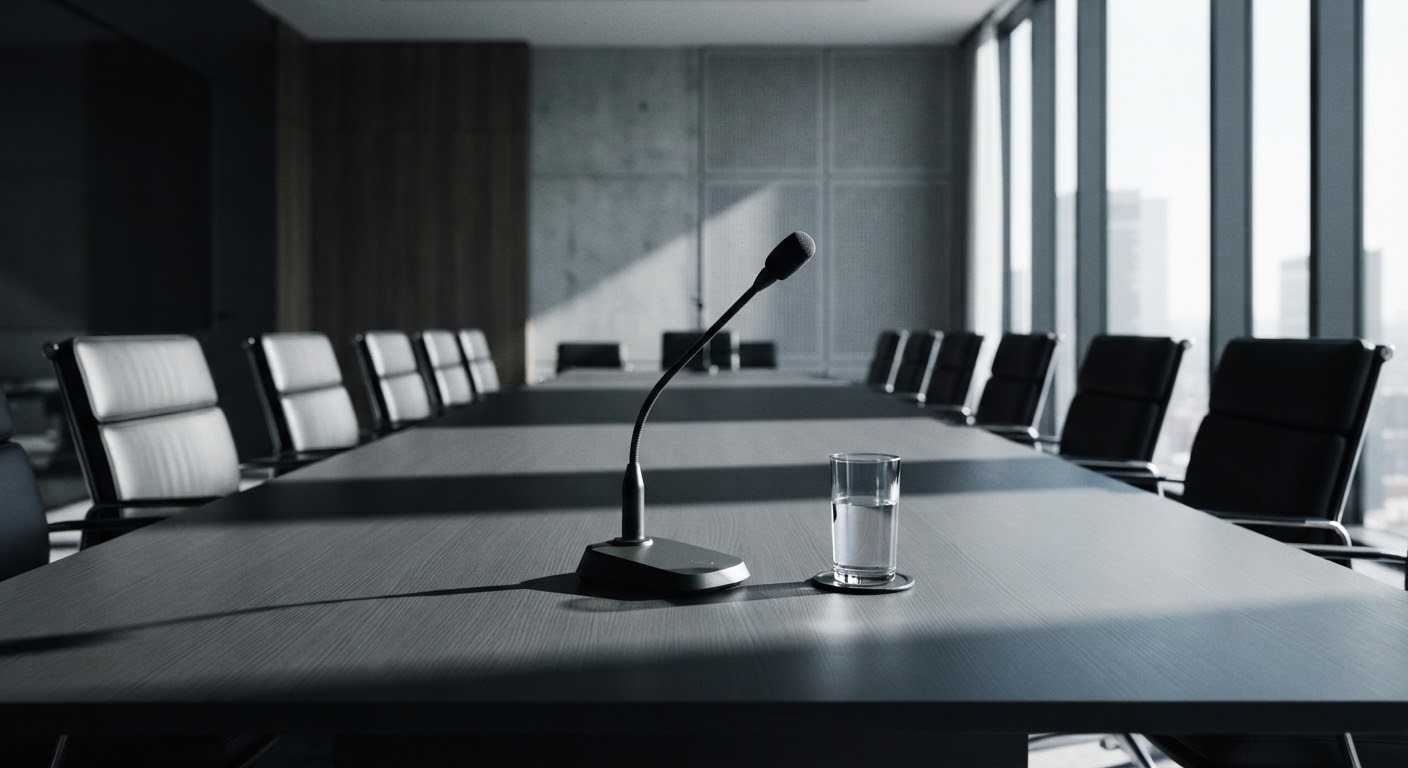 Circular diplomatic meeting room with microphones and delegate places