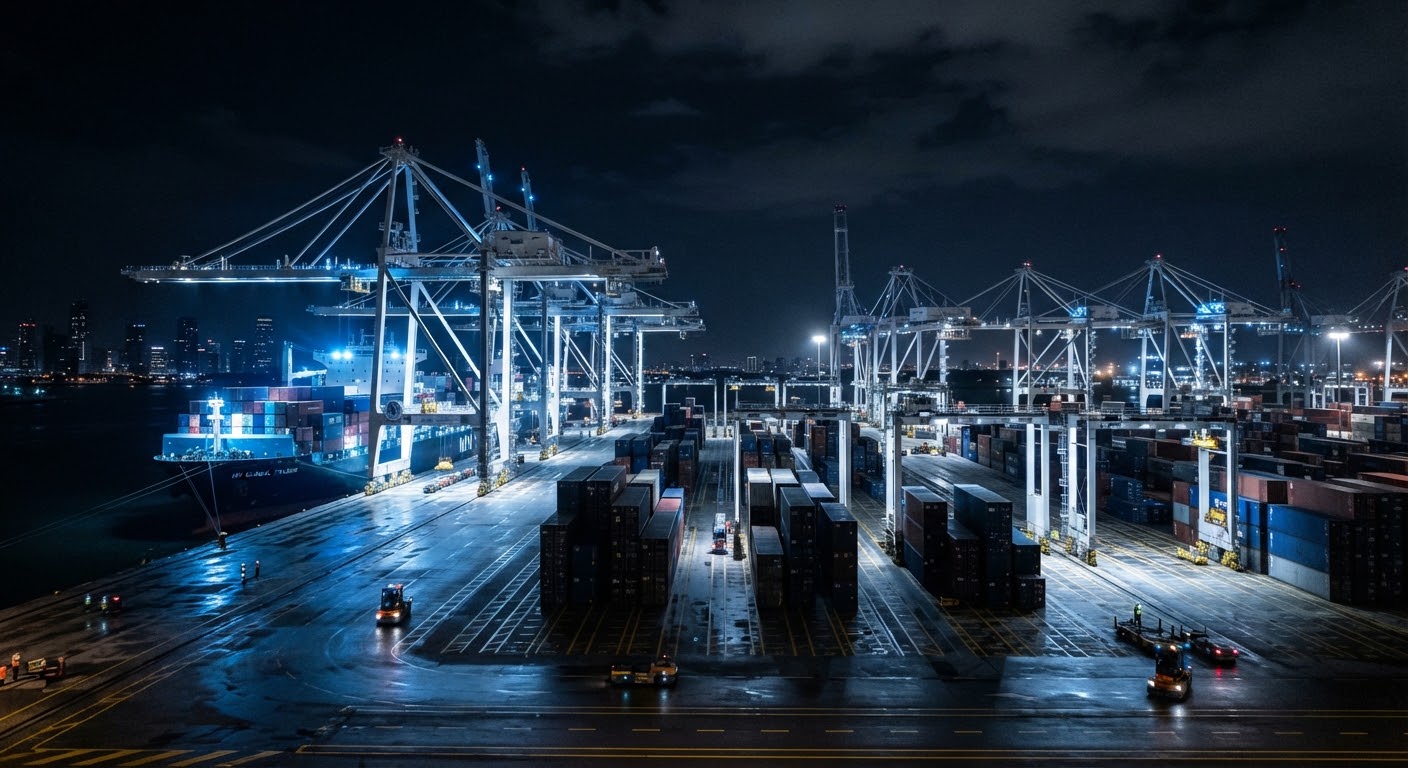 Aerial view of a maritime port and ordered logistics infrastructure