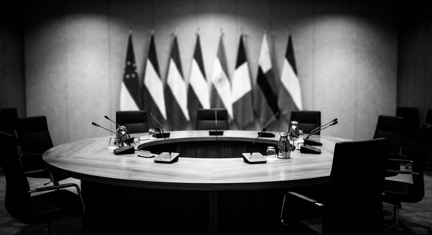 Conference room prepared for an international policy forum