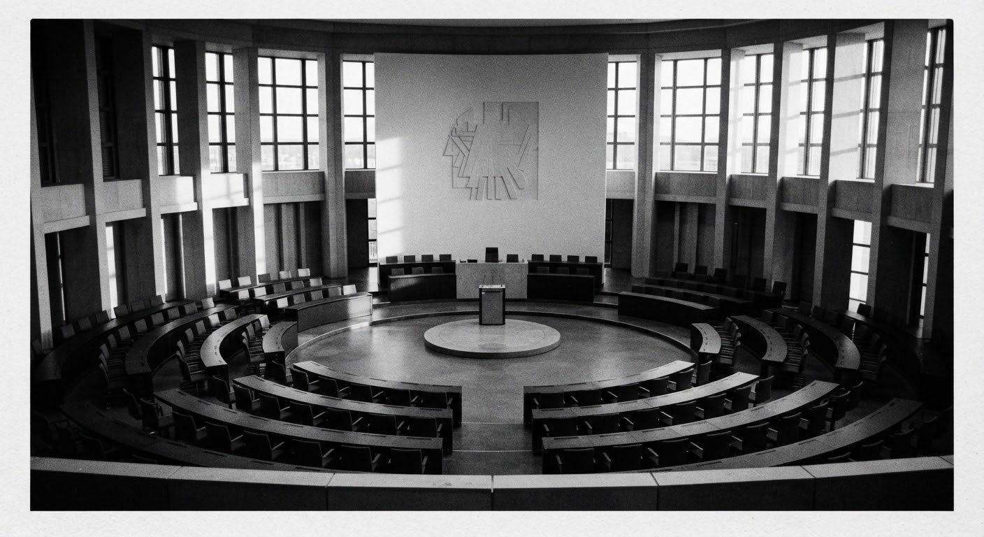 Circular diplomatic meeting room with microphones and delegate places
